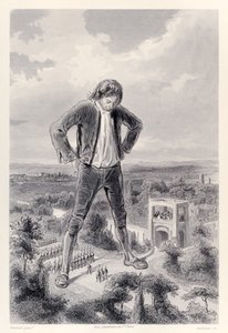 Lilliputian军队在Gulliver的腿之间游行，来自法国版的Gullivers Travels by Jonathan Swift 作者 保罗·加瓦尔尼