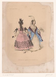 两位身着舞会礼服的女士
Travestissemens originaux pour les Bals de 1834（物品上的标题）
Fantaisies（系列标题）
Fantaisies（物品上的系列名称） 作者 让·弗朗索瓦·贝纳尔