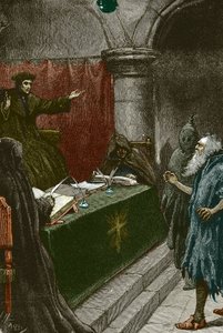 西班牙的宗教裁判所和对犹太人的驱逐：1492 年左右《阿尔罕布拉法令》发表时，大法官面前的一名西班牙犹太人--保罗-哈代插图 1891 年大法官面前的西班牙犹太人