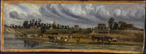 1820 年，香榭丽舍大街附近的库奈特街塞纳河畔（1820 年）（绘画） 作者 保罗·休特