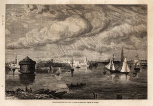 纽约港的入口，由保罗-胡埃（1803-1869）绘制，用于说明1854-1855年的北美航行，由L. Deville绘制。1861年 "世界之旅 "中的版画。塞尔瓦的收藏。 作者 保罗·休特