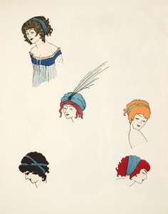 头饰设计，来自Paul Poiret酒吧的礼服。 1908年（模版印刷） 作者 保罗·伊里贝（Paul Iribe）