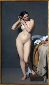 裸体拥有控制台。保罗-朱尔迪（1805-1856 年）的画作，布面油画。法国艺术 作者 保罗·朱迪