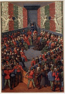 Charles VII presiding over the judgment of John, Duke of Alencon (allied to the English) at Vendome in 1458 - after the miniature of Fouquet, in “” Military and religious life in the Middle Ages and the Renaissance era” by Paul Lacroix, Paris