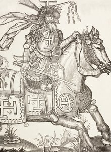 Godfrey Of Bouillon，约 1060 - 1100 年，中世纪法兰克骑士。第一次十字军东征的领袖。图中他头戴基督受难工具的皇冠。根据 15 世纪的木刻绘制。 作者 保罗·拉克鲁瓦
