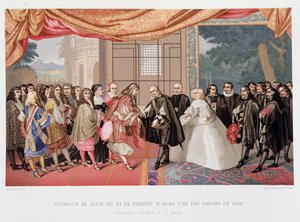 三十年战争："1659年11月7日法国国王路易十四（1638-1715）和西班牙腓力四世（1605-1665）在派桑岛的会谈 "西班牙同意签署比利牛斯山条约。腓力四世的女儿玛丽-特蕾莎（Marie-Therese