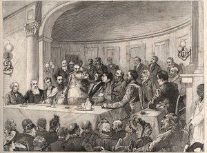 1890年9月21日、22日和23日在巴黎地理学会举行的反奴隶制大会，朱尔斯-西蒙、埃米尔-凯勒和蒙塞涅尔-拉维热出席。根据保罗-梅尔瓦特在1890年 "图解世界 "中的画作进行的雕版印刷。