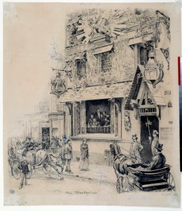 Cabaret du Chat Noir 的入口视图。 保罗·默沃特 (1855-1902) 的水墨画，19 世纪巴黎，卡纳瓦莱博物馆