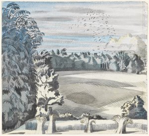 鲁克的风景，约 1913-14 年（纸面黑色粉笔和水彩画） 作者 保罗·纳什