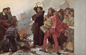 1520年12月10日，在德国威滕伯格的Elstertor之前，马丁路德燃烧教皇公牛威胁他，并将他逐出教会