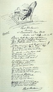 法国诗人保罗·维伦（1844-1896 年）的诗签，上面有一位代表在阅读时的素描。 21/11/1893