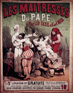 Leo Taxil（1854-1907 年）和 Karl Milo 的“教皇的女仆”海报，1884 年的反教权书。描绘了一名妇女在手铐上受到折磨，刽子手刺穿她的胸部。 霍德的插图，20 世纪。 私人收藏