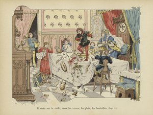 他跳到桌子上，打破了眼镜，盘子和瓶子