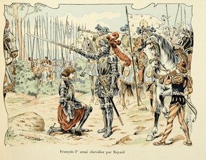 插图取自 Theodore Cahu 的“Histoire du chevalier Bayard”一书，由 Paul De Semant（1855-1915 年）绘制：Francois 1，erarme chevalier par Bayard 1515