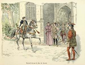 插图取自 Theodore Cahu 的“Histoire du chevalier Bayard”一书，由 Paul De Semant（1855-1915 年）绘制：1486 年萨伏依公爵之前的 Bayard 11 岁