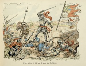 插图取自 Theodore Cahu 的“Histoire du chevalier Bayard”一书，由 Paul De Semant（1855-1915 年）绘制：Bayard 仅保卫加里利亚诺桥 1504