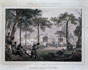 1830年9月25日在布鲁塞尔皇家公园的部队，由Dewasme-Pletinckx雕刻（彩色平印）。 作者 保卢斯（后）劳特斯