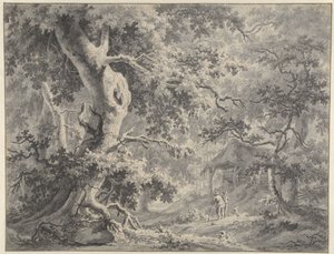 森林场景，小屋附近有两个人物 作者 保罗·范·林德