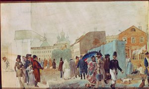 莫斯科雨中街景。帕维尔-安德列耶维奇-费多托夫（1815-1852 年）的作品，纸上水彩画 作者 帕维尔·安德烈耶维奇·费多托夫（Pavel Andreevich Fedotov）