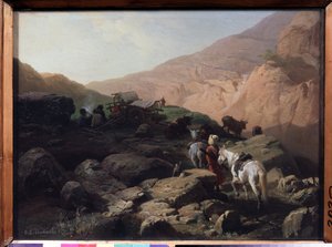 高加索地区（高加索地区）。 旅行者们在山上停下来，围着柴火，附近有马车和队伍。 奶牛在附近吃草，马匹仍被密封着，驶向一片绿草如茵的草地。 铺路画