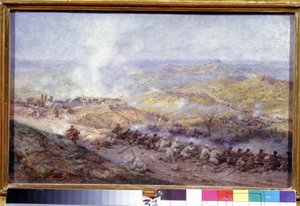 俄土战争场景（1876-1878）。 1877 年普列文（或保加利亚普列夫纳）围困期间，巴尔干战场，俄罗斯军队和奥斯曼帝国士兵在此发生冲突。 绘画