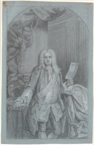 站立男子的肖像画（膝部作品），右臂放在桌子上，左手拿着头盔和文件。带有大象的绶带，绶带左侧有一颗星星（蓝色骑士）
