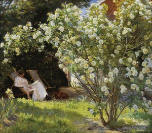玫瑰玛丽·克罗耶（MarieKrøyer）坐在本森夫人家的花园的躺椅上 作者 Peder Severin Krøyer