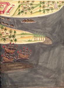 Sloane 197 f.182 印度古吉拉特地区苏拉特勘探地图，插图选自《葡萄牙殖民地历史记述》。 作者 佩德罗·巴雷托·德·雷森德