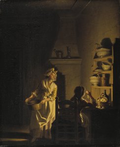 Le test des oeufs, interieur de cuisine - 测试鸡蛋。厨房的内部，由Hillestrom, Pehr (1732-1816)创作。油画在木头上。尺寸：39x32厘米。斯德哥尔摩国家博物馆 作者 佩尔·希勒斯特罗姆（PehrHilleström）
