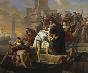克里斯托弗·哥伦布 (Christopher Columbus) 拥抱他的两个儿子并将他们推荐给乔瓦尼·佩雷斯神父，然后离开帕洛斯前往探索美洲