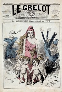 One of “” The bell”” representing an allegory of the national anthem “” La Marseillaise””” advancing while the nobles clog their ears while fleeing. Illustration by Pepin. 10/02/1878. Private Collection