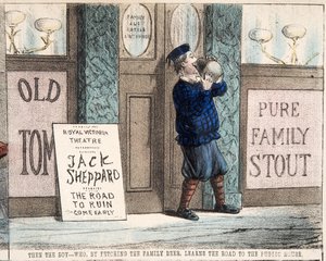 "那个男孩--通过取来家里的啤酒，学会了通往公馆的道路，大约在1872年（手绘版画）。