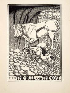 公牛和山羊，出自《伊索一百个寓言》，1903年出版（雕刻）。 作者 珀西·比林斯赫斯特（Percy J.