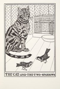 猫和两只麻雀，来自Fontaine Fables，酒吧。 1905年