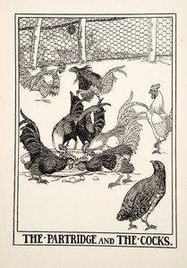 The Partridge and the Cocks，来自A Andred寓言的Aesop，pub.1903