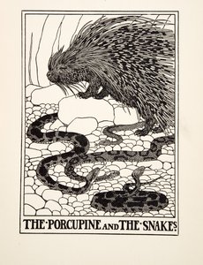 豪猪和蛇，选自《伊索的一百个寓言》，1903年出版（雕刻）。 作者 珀西·比林斯赫斯特（Percy J.