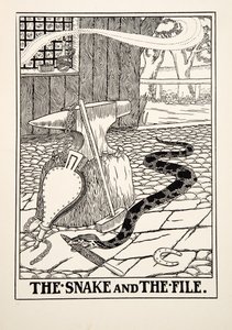 蛇和锉刀，选自《伊索一百个寓言》，1903年出版（雕刻）。 作者 珀西·比林斯赫斯特（Percy J.