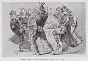 跳舞：维京人围绕圣角的剑舞，大约 900 年（石版画）