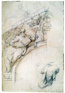 用先知和两个Puttos装饰入口拱门上的墙，c1525 作者 佩里诺·德尔·瓦加（Perino del Vaga）
