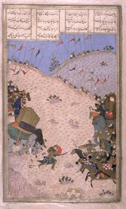 Bahram Chubina，他的大象Slain，徒步战斗，Shahnama（国王之书）插图，Abul-Qasim Manur Firdawsi（c.934-c.1020）c.1440-45（笔，墨水和wc在牛皮纸上） 作者 波斯学校