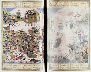 Isfandiyar和Arjasp之间的战争，来自Shahnama（国王之书）的插图，由Abul-Qasim Manur Firdawsi（c.934-c.1020）c.1440-45（笔，墨水和wc在牛皮纸上） 作者 波斯学校