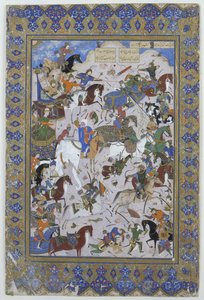 Khusrau和Bahram Chubaina之间的战斗，来自1550年Nizami的诗Layla和Majnun（在牛皮纸上的墨水） 作者 波斯学校