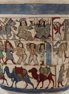 描绘“ Shahnama”的烧杯，伊朗喀山，Saljuq时期，十二世纪末（釉下和釉上涂有搪瓷的石浆） 作者 波斯学校