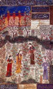 中国侯麦王子和侯麦公主的第一次采访。迷你画，取自1430年左右赫拉特学校实现的Kuradjou Kirmani的一首诗。伊朗。装饰艺术，巴黎 作者 波斯学校