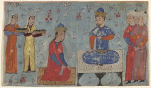 来自Firdawsi的Shahnama（国王之书）的Folio（第1020页）; recto：Sindukht Sam，Sam之前（不透明的水彩，墨水和纸上的金色） 作者 波斯学校