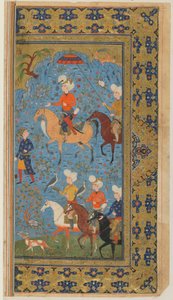来自Firdawsi的Shahnama（国王书）的Folio;皇家狩猎，伊朗，1590-1600（不透明的水彩，墨水和黄金在纸上） 作者 波斯学校
