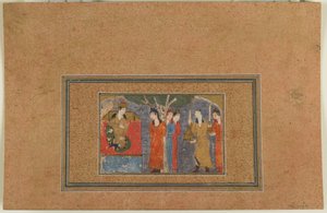 来自不明文本的Folio;公主伊朗，伊朗，c.1440-50（不透明的水彩，墨水和黄金在纸上） 作者 波斯学校