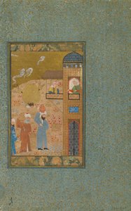 来自不明文本的Folio;反对：两名男子携带投手接近建筑物，伊朗设拉子，1520年（不透明的水彩，墨水和纸上的金色） 作者 波斯学校