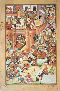 成吉思汗占领了一个中国城镇，这是 1596 年完成的“成吉思汗波斯史”的缩影 作者 波斯学校