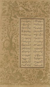 葡萄藤和鸟的设计，来自Yamiuf u-Zulaikha的作品集Jami（d.1492）伊朗Qazvin，萨法维王朝，1557年（纸上的墨水和黄金） 作者 波斯学校